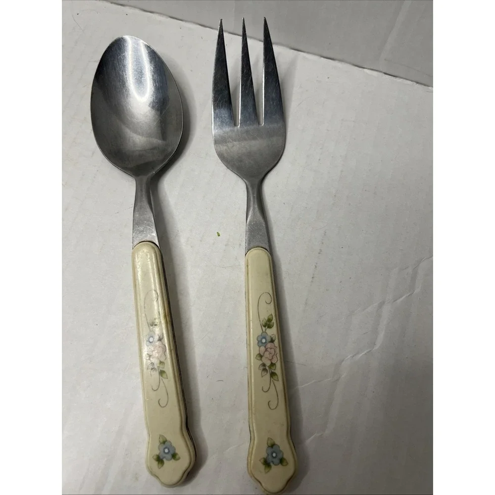 Vintage Pfaltzgraff Tea Rose Stainless Serving  Spoon And‎ Fork Set Of 2 Floral